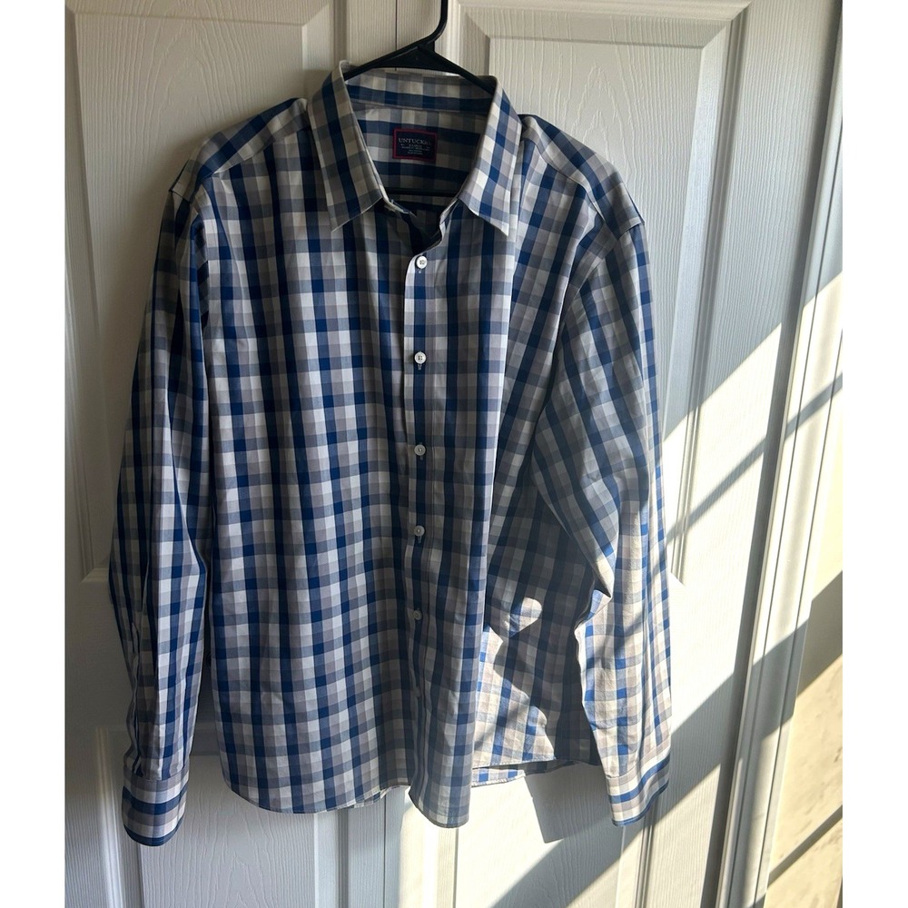 UNTUCKit Mens XL Relaxed Fit Wrinkle Free Gingham Button Down Shirt Blue Grey